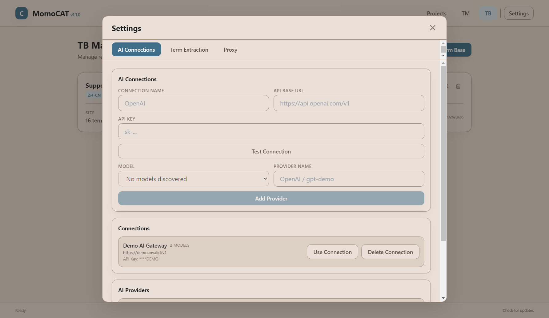KotoCAT Settings 中的 AI Connections 配置界面，示例凭据已遮蔽